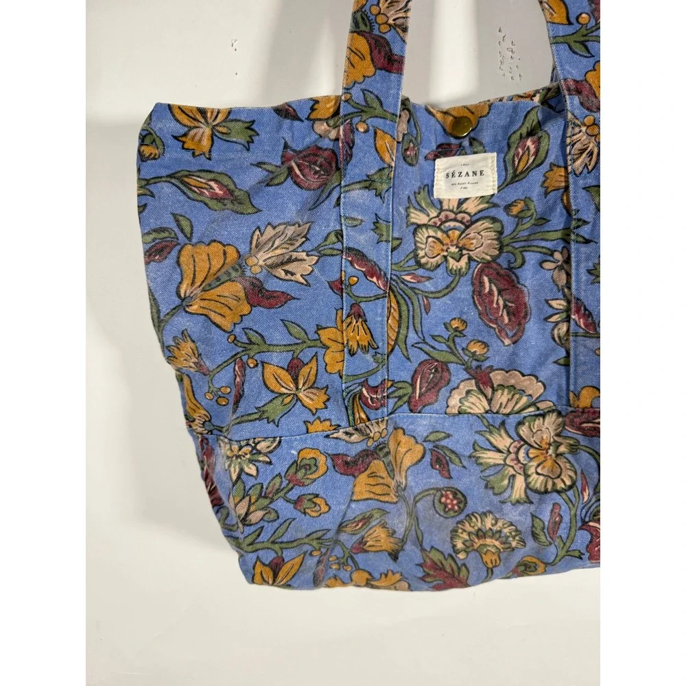 Sezane Blue Floral Canvas Tote Bag Botanical Print Shopper